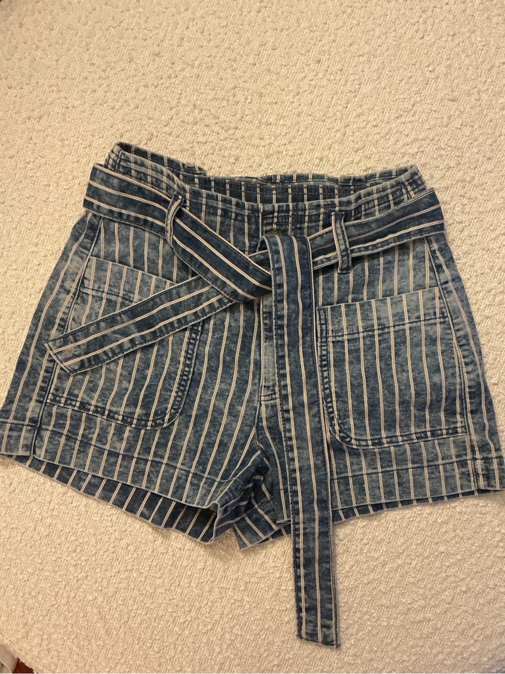 American Eagle Outfitters Blue Striped Denim Paperbag Shorts with Belt